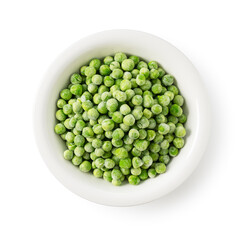 Frozen Green Peas in a Bowl on a White Background, Viewed from Above