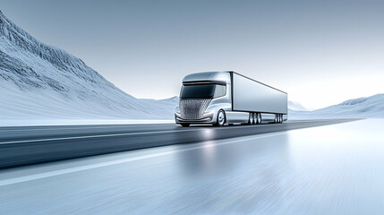 Futuristic truck drives snowy mountain road