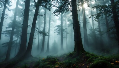 Obraz premium Enchanted Foggy Forest: A Mystical Journey Through Tall Trees