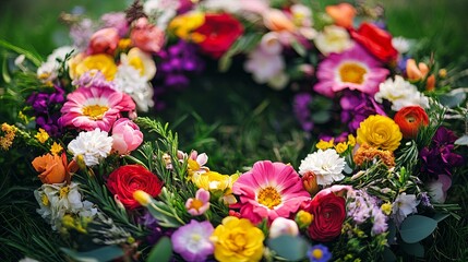 Vibrant floral wreath symbolizing Floralia, ancient Roman spring festival.