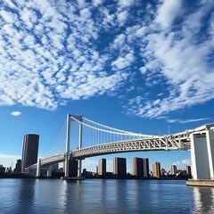 Fototapeta premium Bridge, city skyline, blue sky, clouds