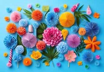 Fototapeta premium Colorful Paper Flowers and Decorations Arranged on a Bright Blue Background for Celebrations and Events, Ideal for Craft and Design Inspirations