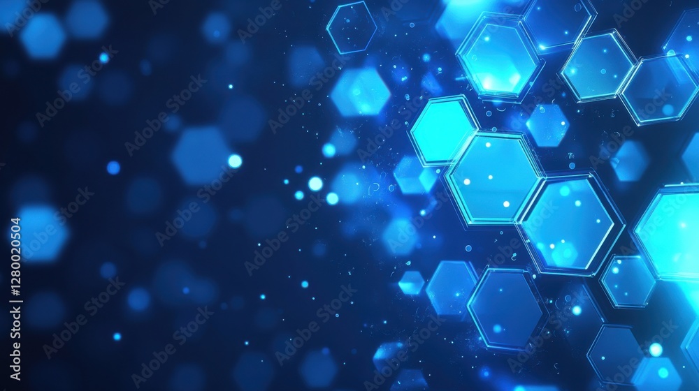 Poster blue abstract background with hexagonal patterns and light effects