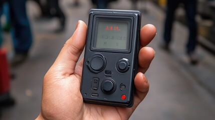 Hand holding audio recorder, city street background