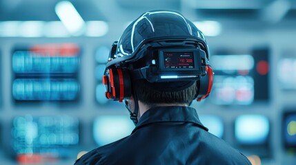 Smart Helmet technology smart features concept. A person wearing a headset and helmet stands in front of multiple screens, focused on operations in a high-tech environment.