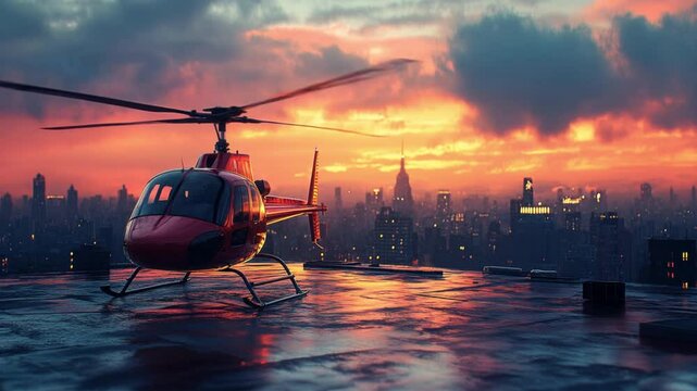 Helicopter on a rooftop with a stunning sunset view