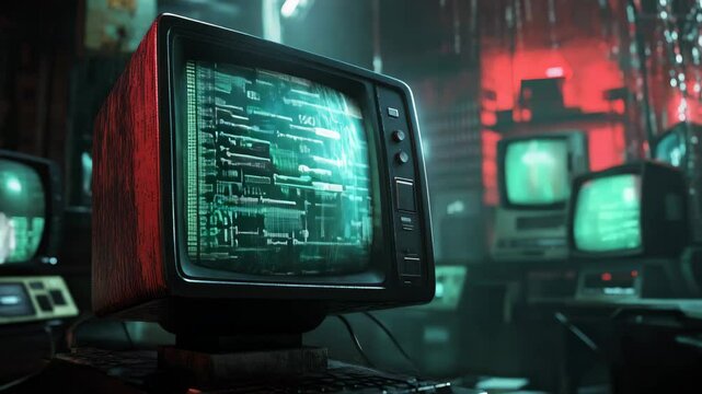 Vintage Tv computer Monitor with noise and green running code