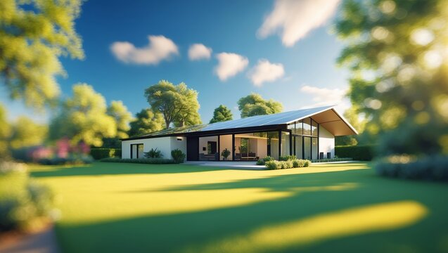 Modern eco-friendly house with solar panels surrounded by vibrant greenery in sunny outdoor setting