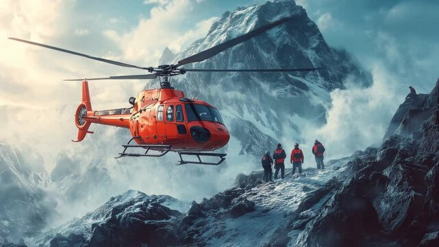 Helicopter rescue operation in a snowy mountain landscape