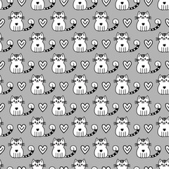 Hand drawn black and white cats and hearts. Seamless vector pattern for fabric, background