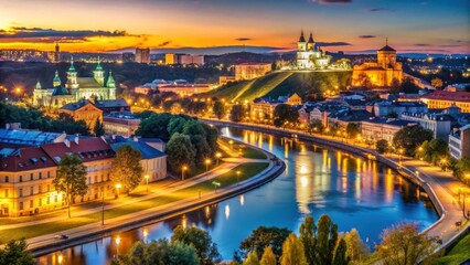 Scenic Sunset Over River and Historic Architecture in City