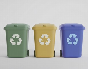 3D Icon Three recycling bins green yellow and blue stand side by side each displaying the universal recycling symbol