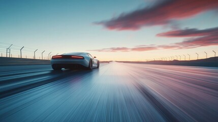 Obraz premium Drag racing car speeding down a futuristic racetrack at dawn. Featuring innovation and speed
