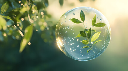 Creative Illustration: Green Leaf in a Shining Bubble