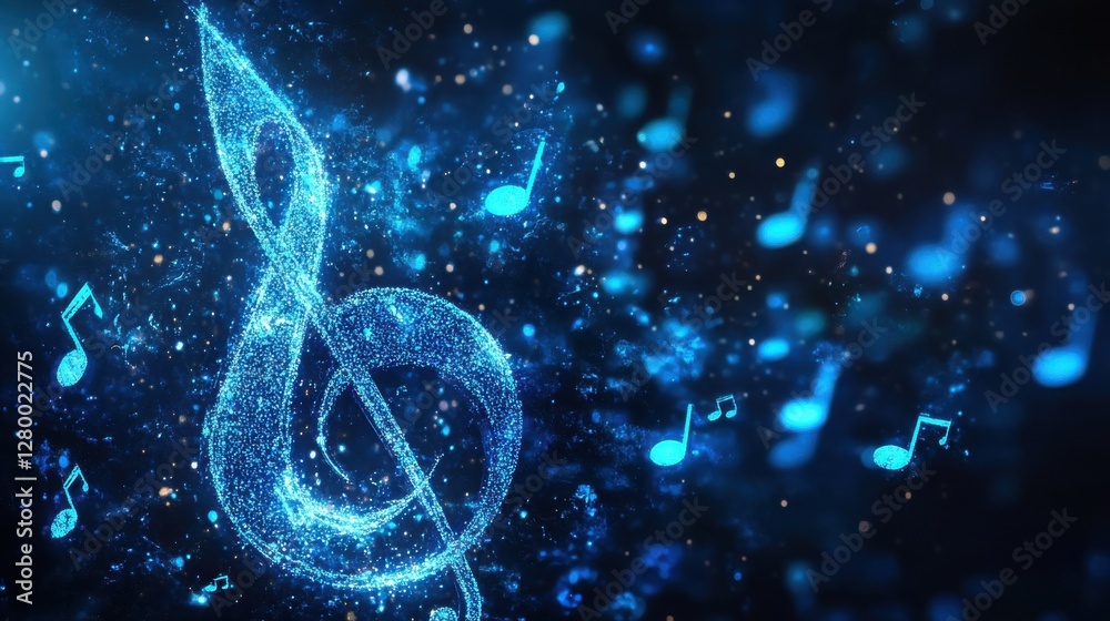 Wall mural shimmering treble clef with floating musical notes and sparkles