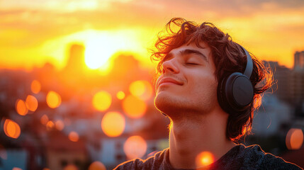 Fototapeta premium Joyful young man enjoying music with headphones at sunset