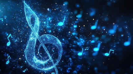 Shimmering Treble Clef with Floating Musical Notes and Sparkles