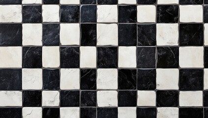 Checkered black and white tile floor pattern, close-up view
