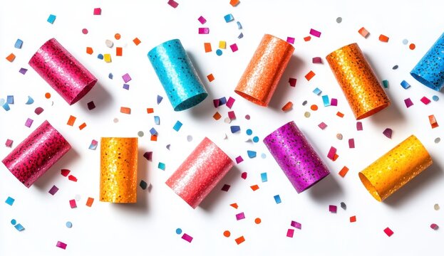 Colorful party poppers and confetti scattered on a white background for celebration, festive decorations, party supplies, and joyful events
