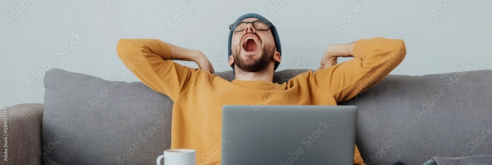 Aufkleber tired man wearing glasses and a beanie yawns while sitting on a couch with a laptop, indicating stre