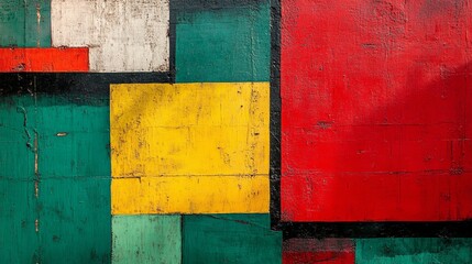 Naklejka premium Abstract geometric art with red, green, and yellow rectangles.