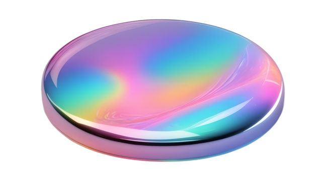 holographic iridescent round button 3D isolated on white, transparent background png 