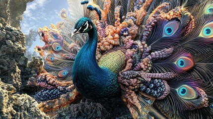 Obraz premium Majestic Peacock in a Surreal Landscape