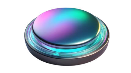holographic iridescent round button 3D isolated on white, transparent background png 