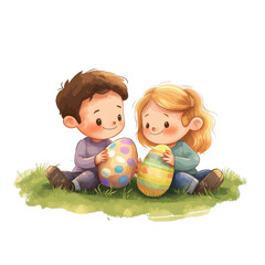 Fototapeta premium Religious Easter Clipart: Simplistic Cartoon Illustration of Kids Sitting on Grass with Easter Eggs