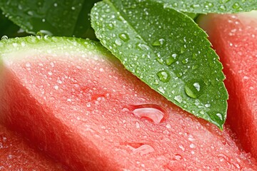 Close up of Red Watermelon Slices and Green Leaves with Water Droplets