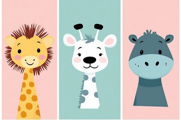 Cute animal portraits, giraffe, lion, hippo, children's room decor
