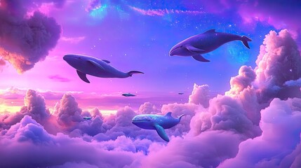 Fototapeta premium Majestic Whales Swimming Among Dreamy Purple Clouds at Sunset