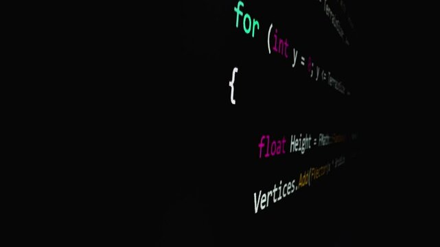 Closeup macro shot movement of coding script moving across LED screen with real-time AI-generated typing, showcasing advanced AI learning in optimization, debug and coding for software development.