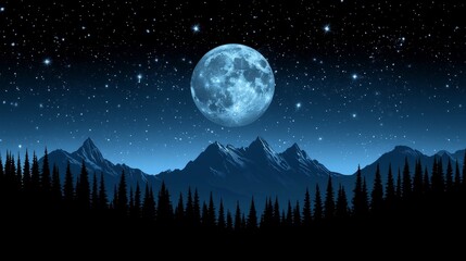 Enigmatic midnight mountains under a celestial moonscape with shining stars for mysterious dreamy adventure and serene journey