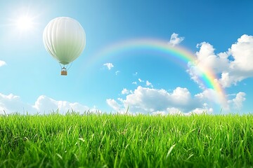 Naklejka premium White hot air balloon floats above vibrant green grass field with rainbow