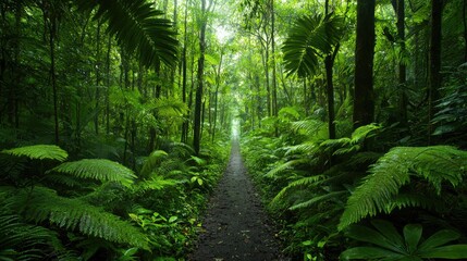 Fototapeta premium Narrow dirt path winds through a dense green tropical rainforest with lush ferns and tall trees under soft daylight.