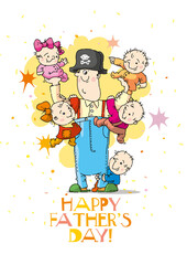Father day greeting card design with mighty pirate dad with kids