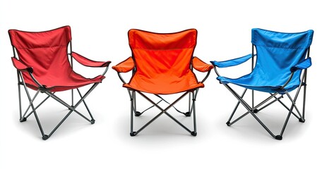 Fototapeta premium Colorful folding camping chairs, studio shot, white background