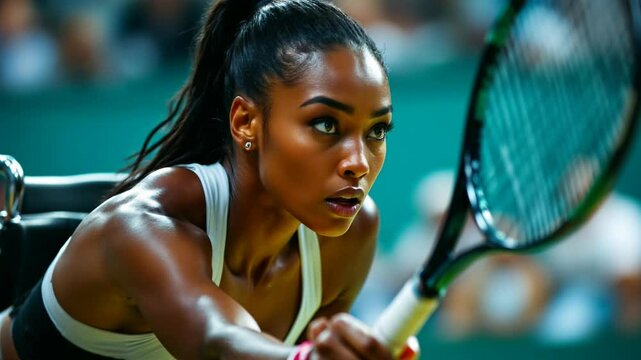 Close-up of professional black female wheelchair tennis player doing backhand stroke, leaning forward and making effort to hit the ball with racket in intense match, determination and strength