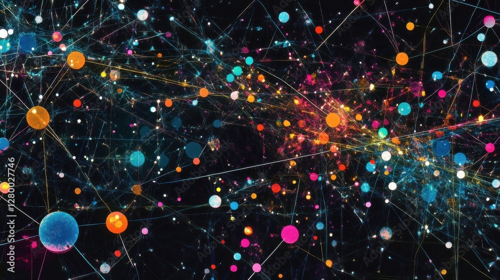 Wall mural colorful abstract network of circles and lines on dark background