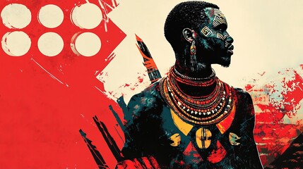 Stylized image of an African warrior, symbolic patterns on a clean background.