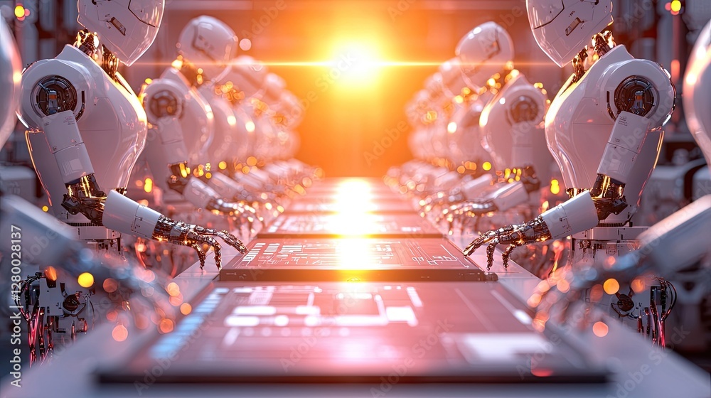 Poster futuristic factory scene with robots and advanced technology interface