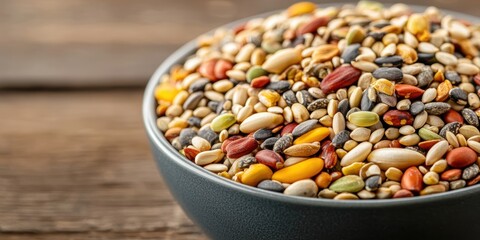 A colorful mix of seeds in a bowl, showcasing various textures and shades, perfect for bird feeding or healthy snacks.