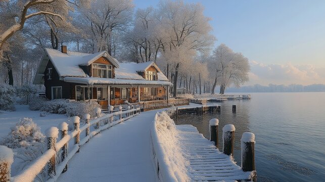 Lakeside winter house, snowy path, frosty trees, sunrise