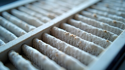 Close-up of a clogged, dusty air filter.  Time for a replacement!