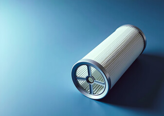 White cylindrical filter with metallic ends sits on a solid blue background.  Clean, simple, and efficient design.  No action or emotion.