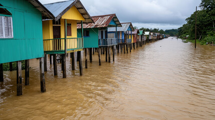 Environmental crisis. Colorful stilt houses surrounded by floodwaters under a cloudy sky.