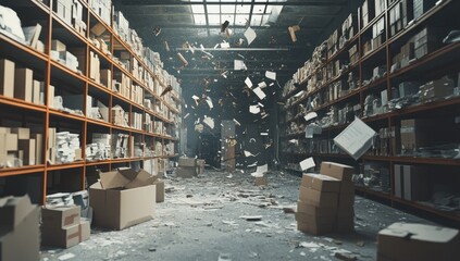 Obraz premium Damaged warehouse interior with debris