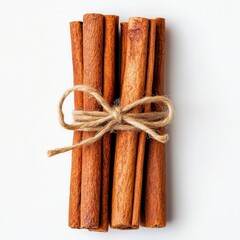 Bundle of cinnamon sticks tied with twine on white background