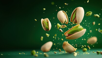 Fototapeta premium An artistic portrayal of pistachios in various states of shelling, against a vibrant green background, creating a dynamic and lively image.